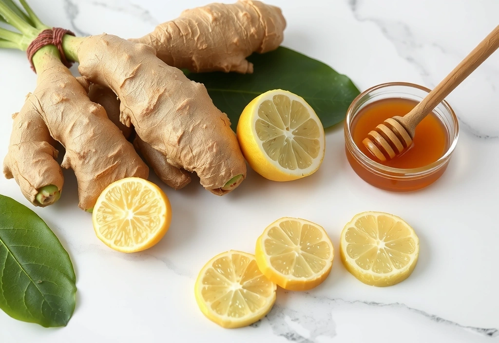 Fresh ginger root with green shoots and slices showing fibrous texture with honey and lemon in background