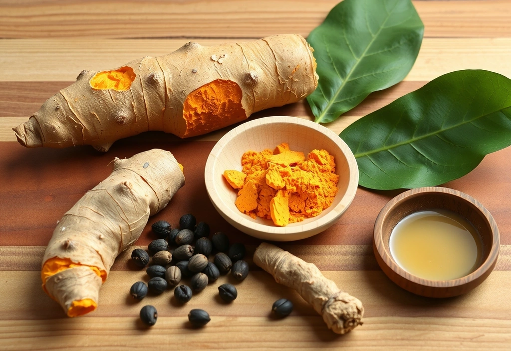 Fresh turmeric roots and turmeric powder showing vibrant golden-orange color with black peppercorns and coconut oil