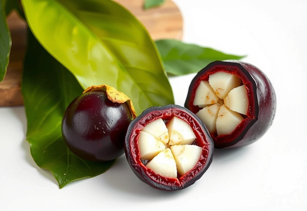 Fresh mangosteen fruit sliced open showing white segments with deep purple rind
