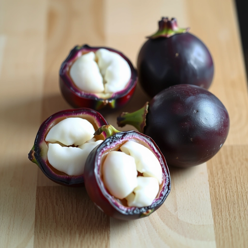Fresh mangosteen fruits showcasing their distinctive purple rind and white antioxidant-rich flesh