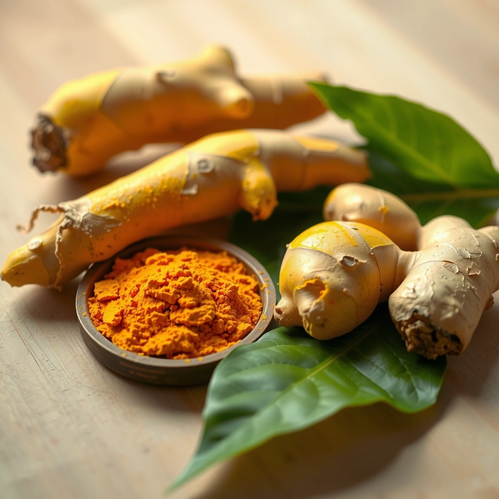 Fresh turmeric roots and powder showcasing their golden anti-inflammatory properties
