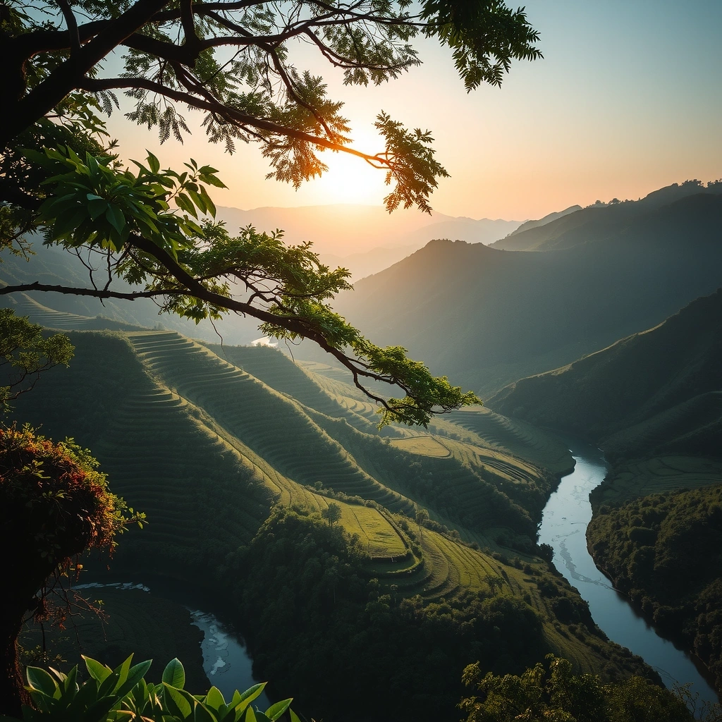 Indonesian biodiversity showcasing tropical rainforest with diverse plant species and traditional farming methods