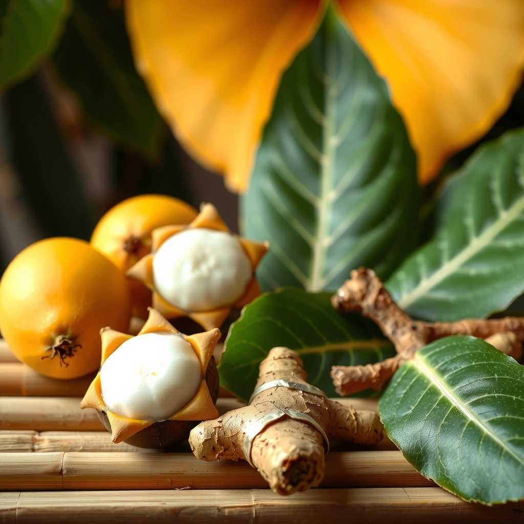 Tropical Indonesian superfoods including mangosteen, turmeric, and ginger in their natural environment
