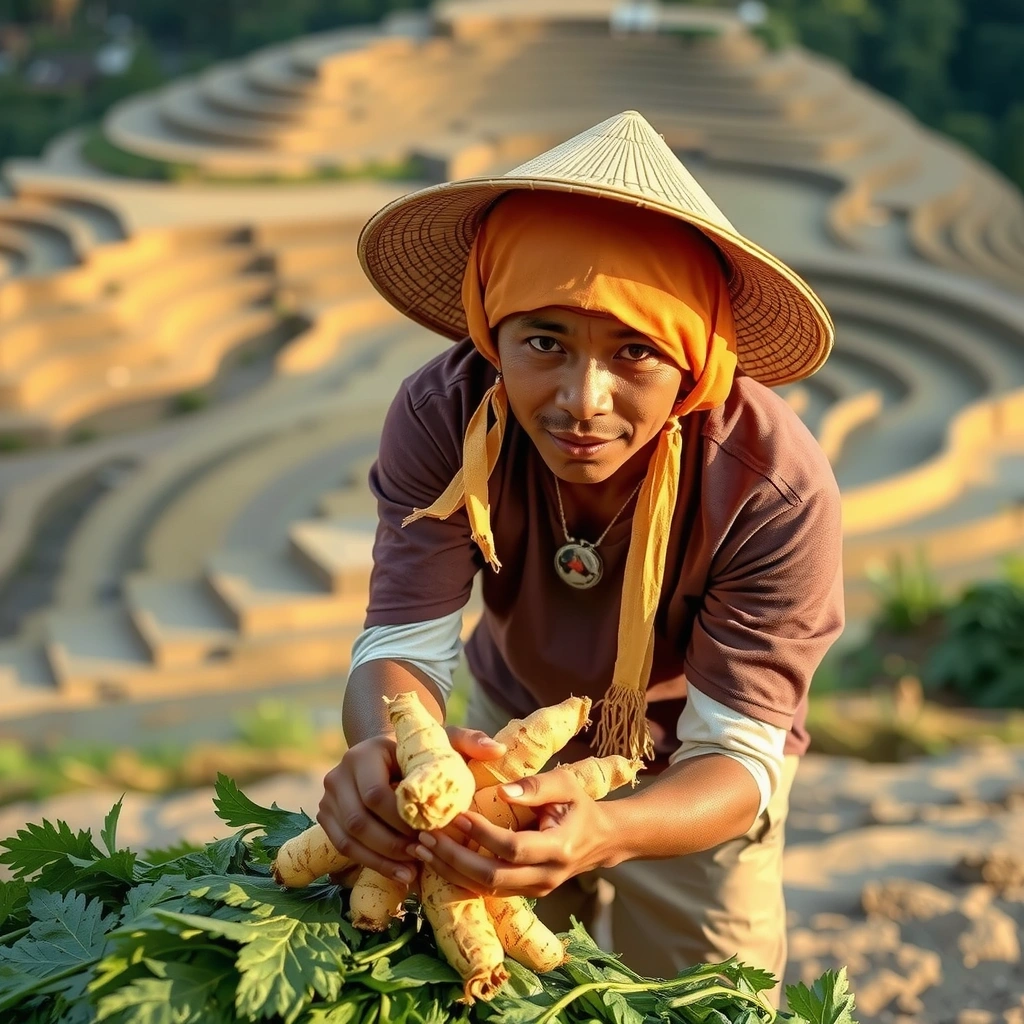 Traditional Indonesian farmer harvesting superfoods